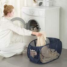 Sturdy Mesh Laundry Hamper Basket Bag, Up Basket With Side Pocket For Laundry Room, Bathroom,  Room, College Dorm Or Travel ( Horizontal, Navy Blue){Inchsize_nameinch:InchHorizontalinch,Inchcolor_nameinch:InchNavyBlueinch} - Màu xanh nước biển - Xem 3