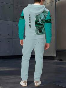 男士狮子图案时尚新颖睡衣家居服套装，连帽衫和运动裤套装，长袖卫衣和慢跑裤两件套 - 彩色 - 查看 2