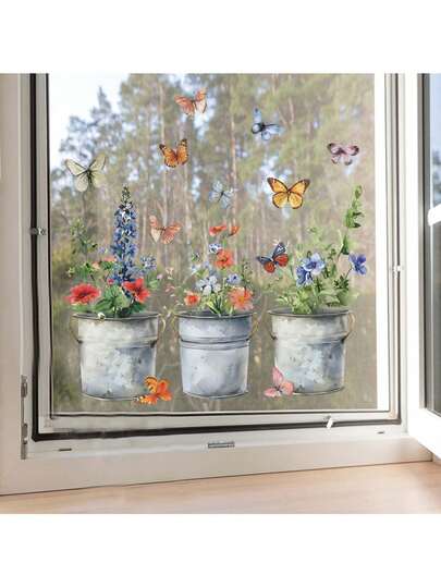 Pegatinas de pared con estilo rústico de flores y mariposas - Vinilos adhesivos para ventanas para decoración del hogar - Tema de plantas con instalación en múltiples superficies Decoración de habitaciones Decoración de paredes Decoración de dormitorios Decoración de cocinas