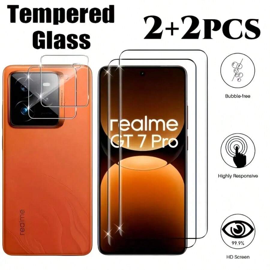 Set de 4 piezas aplicable para Realme GT 7/GT 7 Pro, protector de pantalla de vidrio templado curvo ultra claro, protector de lente de cámara ultra claro 3D, almohadilla protectora, funda protectora, protector de lente de cámara de cobertura completa, fácil instalación, protector de pantalla con borde negro de seda para Realme GT 7T - transparente - Ver 1
