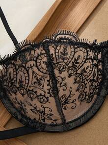 2PCS Women's Embroidered Lace Underwear Set, Semi-Transparent Heart-Shaped Bra And Bow-Tied Panties, Comfortable Home Style Women's Two Pieces Set - màu đen - Xem 5