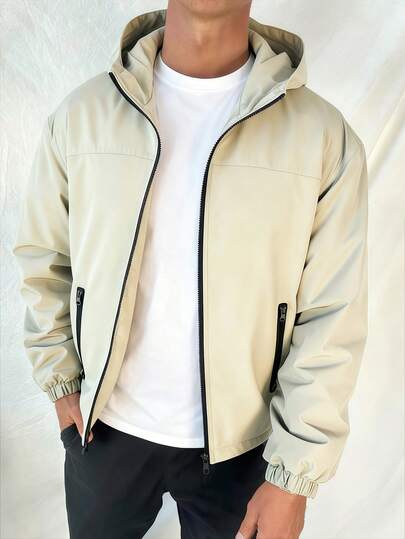 1pc Men's Beige Hooded Jacket, Suitable For Casual Daily And Work Wear, Autumn Outerwear