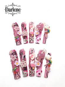 Each Set Includes 10 Pieces Of Y2K Square-Shaped Hand-Painted Acrylic Nail Tips, Featuring A French Design Adorned With Rhinestones, Cherries, Rabbits, And Lollipops. Available In Multi-Tone And Nude Color Schemes. Three Sizes Are Included To Suit Party, Ball, And Everyday Wear. Comes With A Nail Tool Kit, Making It The Perfect Press-On Nails Gift For Women And Girls. - 彩色 - 查看 1