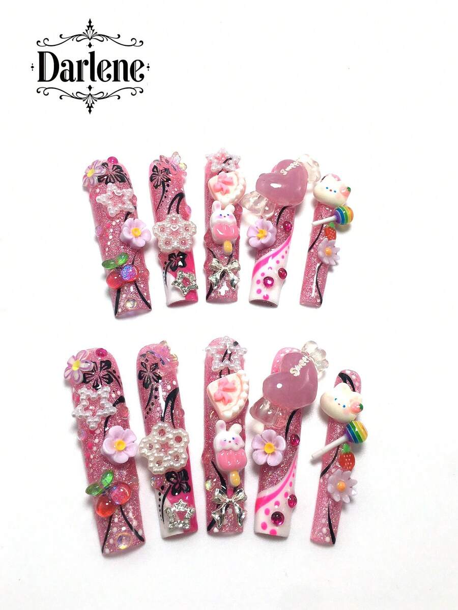 Each Set Includes 10 Pieces Of Y2K Square-Shaped Hand-Painted Acrylic Nail Tips, Featuring A French Design Adorned With Rhinestones, Cherries, Rabbits, And Lollipops. Available In Multi-Tone And Nude Color Schemes. Three Sizes Are Included To Suit Party, Ball, And Everyday Wear. Comes With A Nail Tool Kit, Making It The Perfect Press-On Nails Gift For Women And Girls. - 彩色 - 查看 1
