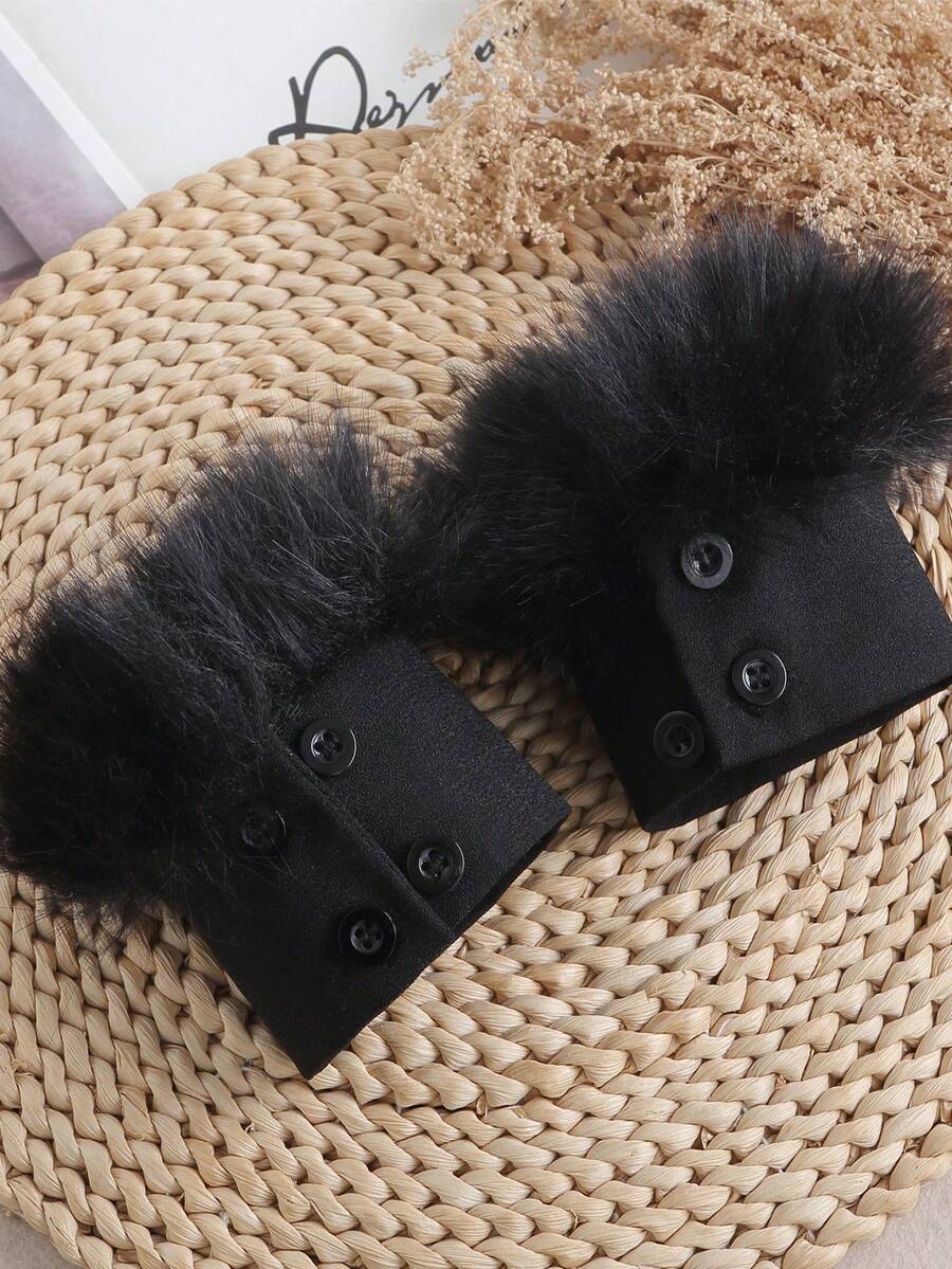 1 Pair Fabric Faux Fur Trim Button Decor Flared Cuff - Black-151 - View 1
