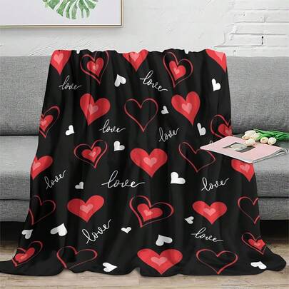 Cozy Black Flannel Heart Pattern Throw Blanket - Soft & Warm All-Season Gift For Loved Ones, Machine Washable, Contemporary Style, Soft Flannel Blanket - Multiple Sizes, Cozy Must-Have