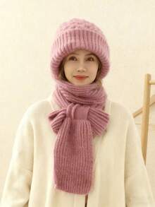 1 peça de gorro de malha texturizado de poliéster de cor sólida com protetor de pescoço e orelha, gorro quente 3 em 1, melhor presente para a mãe no inverno, acessórios de inverno, roupas de inverno