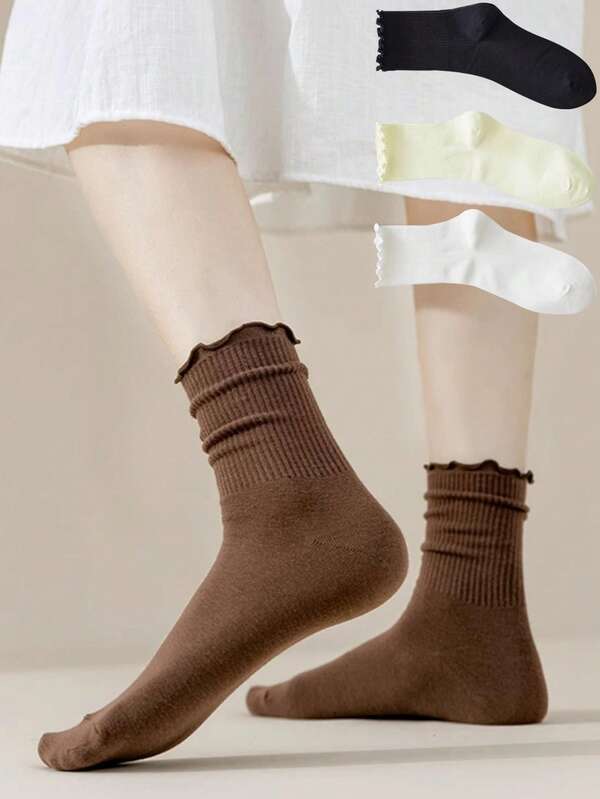 3 Pairs Socks For Women Cute Japanese Style Breathable Girls Short Socks Kawaii Solid Color Frilly Ruffle Socks Casual Sweet