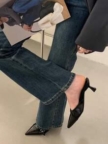 Pointed Toe Mule Shoes For Women, Versatile Slip-On Pumps With Thin Heels, Fashion Leather Buckle High Heels, Suitable For Spring And Autumn - Black - View 3