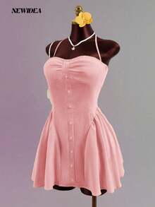 女士优雅粉色迷你连衣裙，柔软弹力面料，无肩带褶皱前襟纽扣喇叭裙摆连衣裙，甜美时尚派对装扮，女士优雅派对礼服，粉色喇叭迷你连衣裙，休闲外出连衣裙 - 粉色 - 查看 10