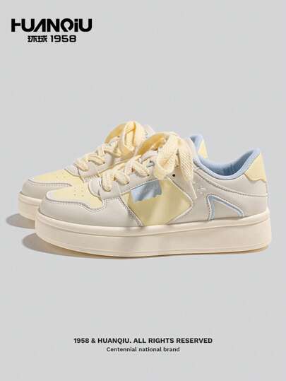 HUANQIU 女士厚底白色运动鞋，百搭厚底休闲运动鞋，黄色