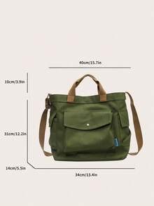 Canvas Material Solid Color Large Capacity Multi-Pocket Women's Tote Bag, Autumn/Winter - Green - View 2