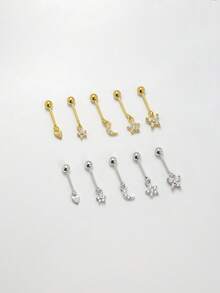 1只925纯银迷你星星/月亮/花朵/蝴蝶/心形竖款耳钉，低过敏性金属扁平耳骨耳钉，男女通用日常佩戴（单只出售） - 彩色 - 查看 2