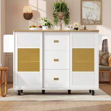 Kitchen Island, Kitchen Furniture, Freestanding Kitchen Cabinet, Buffet Cabinet, 120 X 73 (45) X 90 Cm, Extendable Kitchen Trolley With Wheels, Towel Rail, Spice Rack, Adjustable Shelves, White - White - View 5