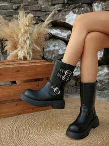 Stivali da donna in stile occidentale in pelle con fibbia, stile retrò, punta tonda, stivali da motociclista, stivali corti stile britannico, stivali di moda, autunno/inverno 2025