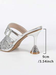 Sandalias de tacón alto con puntera cuadrada, decoradas con hebilla cuadrada de cristal de ródio brillante, elegante y de moda para mujer. Estilo glamoroso y encantador para eventos nocturnos, bodas, fiestas y atuendos de primavera y verano. - Plateado - Ver 9