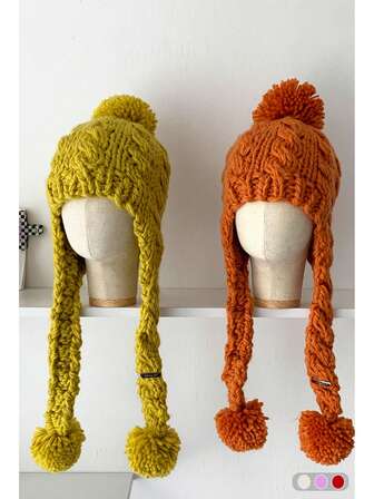 Tjock! Stickad Pom Pom-mössa för kvinnor, varm och vindtät, lämplig för fotografering, resor, höst/vinter. Storstorlek, hörselskydd, varm stickad mössa med Pom Pom, mångsidig och ansiktsbantande, höst/vinter