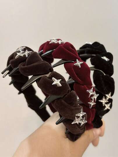 1pc Girls Autumn/Winter Flocked Rhinestone Wave Reversible Headband, Fashionable & Versatile Hair Accessory