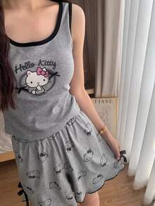 Sanrio 2 Peças Conjunto de Pijama Top de Manga Curta e Shorts com Estampa Cartoon da Hello Kitty para Mulheres, Ajuste Folgado e Confortável, Adequado para Todas as Estações, Conjunto de Duas Peças