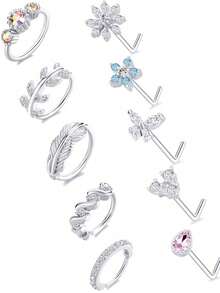 10Pcs Multi-Piece Fashion Versatile Silver, Gold & Rose Gold-Toned Cubic Zirconia Inlaid Floral, Feather Detail Nose Ring Set Unisex For Daily & Festival Celebration