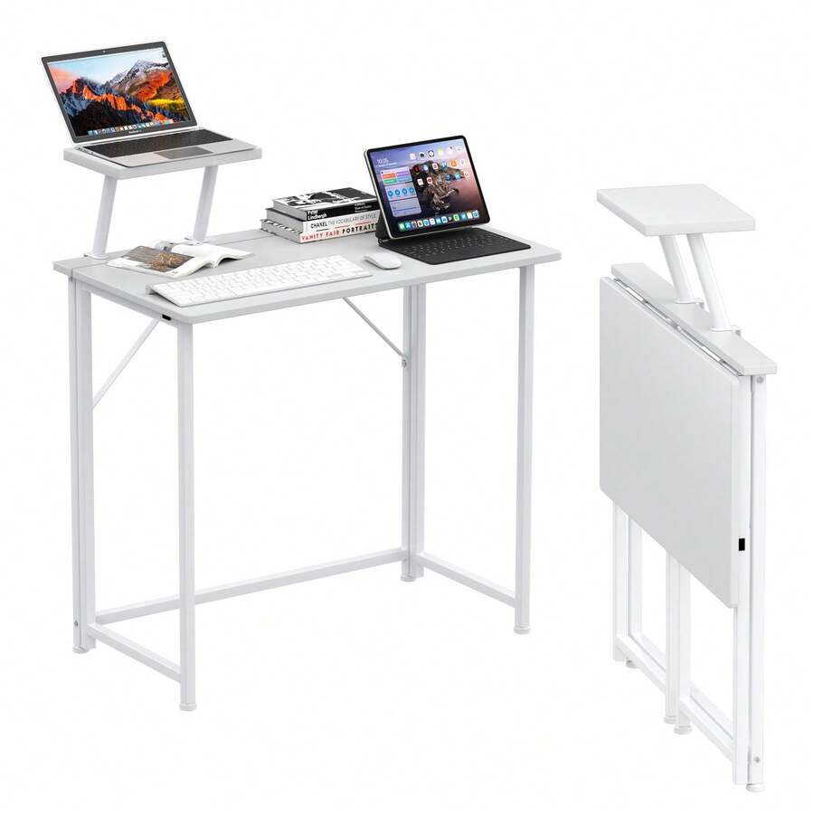GipGiper Foldable Computer Desk With Monitor Stand 80x45 Cm, Small Home Office Desk With Wood Surface, Compact PC Table For Bedroom & Study, Folding Desk For Work & Study - 白色 - 查看 1