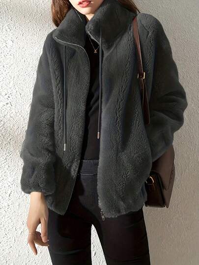 Women Casual Solid Color Double-Sided Fleece Stand Collar Jacket, For Autumn & Winter