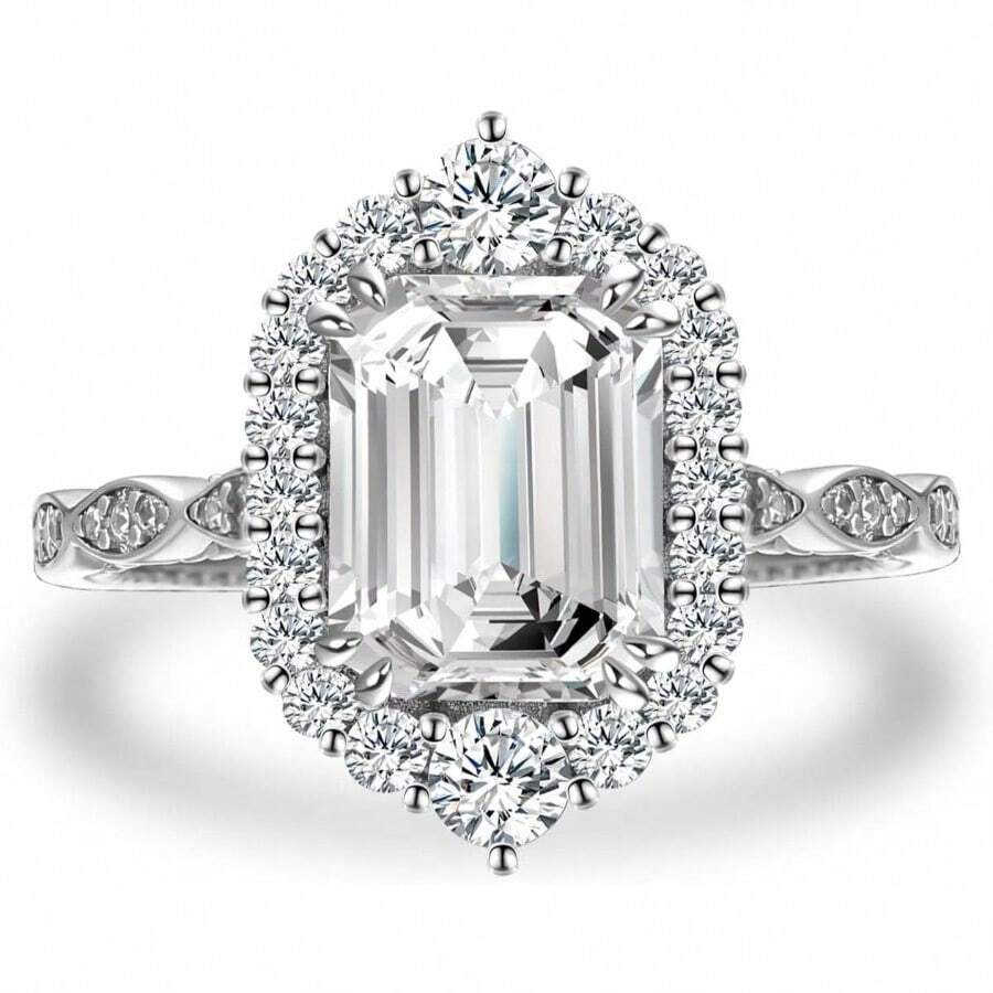2.5CT Emerald Cut Engagement Ring Women, S925 Silver AAAA CZ Promise Ring With And Side Stones - bạc + 8 - Xem 1