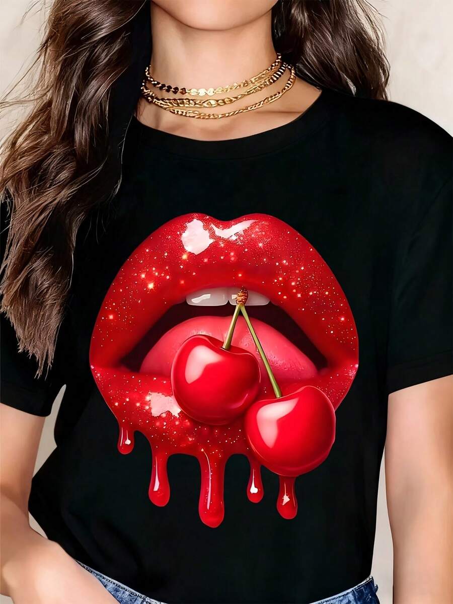 Red Lip Cherry Print Women's T-Shirt With Glossy 3D Design And Dripping Effect For Bold Fashion Statement,Casual Short Sleeve Round Neck Women's Top, Fall/Winter T-Shirts - Black - View 1