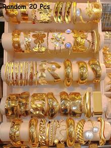 Vintage Elegant Exaggerated Wide Coin Design Random 25/20/16/12/9/6/3pcs Metal Element Bling Rhinestone Faux Pearl Flower Twist Geometric Irregular Smooth Multi-Piece Bracelet & Bangle Set, Suitable For Women & Men, Ideal For Vacation, Party, Date, Gift, Daily Wear, Holidays (Random Styles) - Yellow Gold - View 14