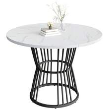 Mesa de Comedor Redonda (80*80*75cm), Mesa de Comedor de Cocina, Mesa de Café Redonda para 4 Personas, Adecuada para Comedor, Sala de Estar, Patas de Mesa de Metal, Patrón deármol Blanco y Patas de Mesa Doradas - Negro + MDF - Ver 6