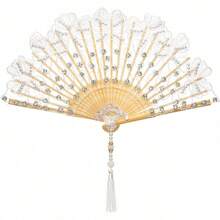 NEW-Lace Hand Fan Non-Foldable Vintage Bridal Handheld Fans With Rhinestone And Embroidered For Wedding Decoration Dancing Party (Gold) - 白色 - 查看 7