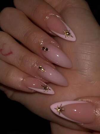 10 件手工杏仁裸色腮红八角星爆金色镜面粉 3D 法式可爱简约优雅假指甲