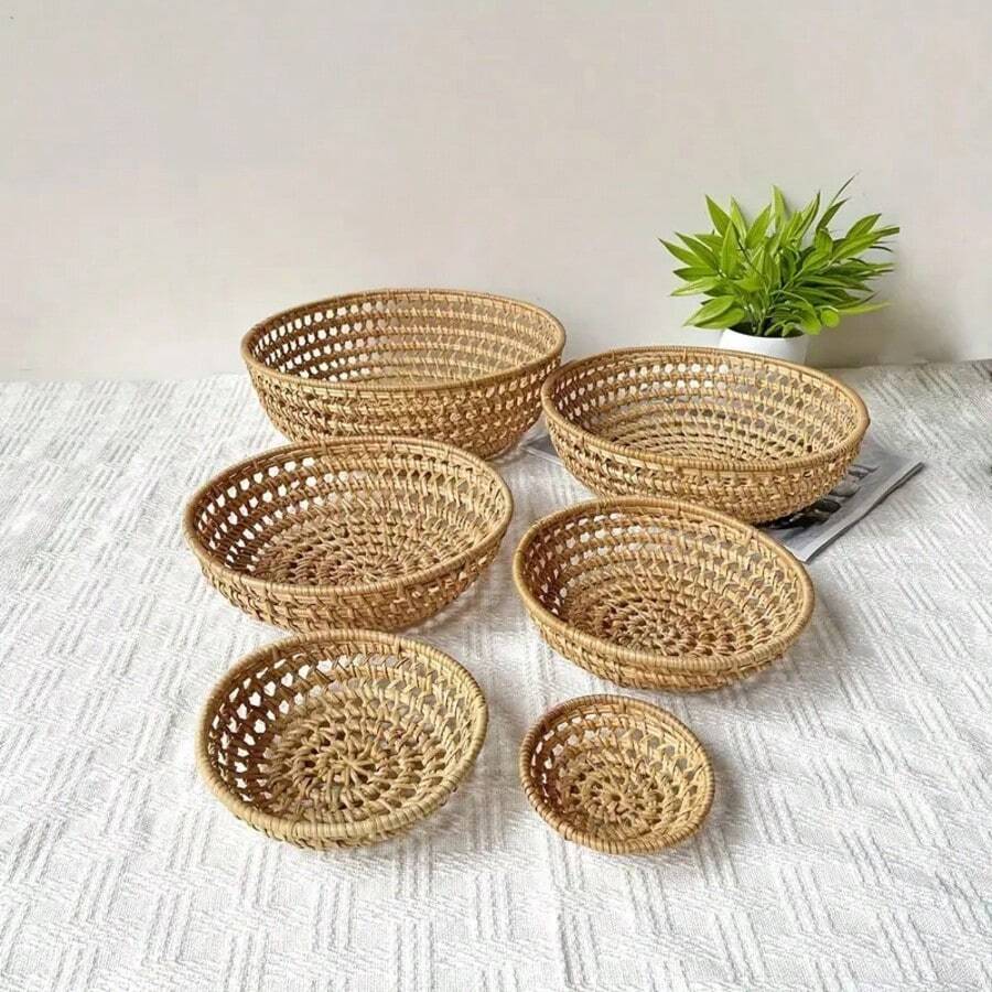 1/2 pièces Panier tressé en rotin creux d'automne, panier de rangement d'ustensiles en rotin tressé, panier de rangement rond minimaliste pour la maison