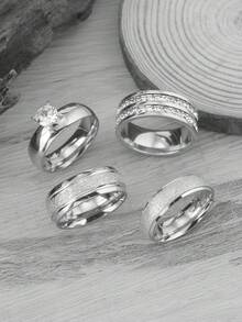 4 件男士时尚不锈钢戒指套装，防过敏不锈钢首饰，适合男士和情侣日常佩戴，情人节礼物