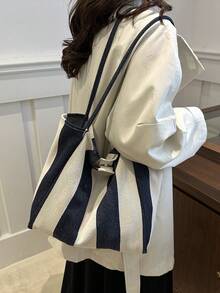 复古条纹帆布手提袋，大容量，充满艺术气息，适合工作、上学或户外活动，可用作背包、帆布包、沙滩包、购物袋。[竖条纹颜色随机发货] - 藍色 - 查看 7