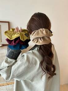 Elegant French Satin Cream White Glossy Oversized Scrunchie, Ladylike Solid Color Hair Tie