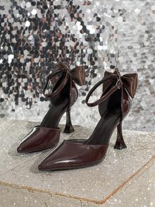 Women's Fashion Pointed Toe Bowknot Strap Buckle Thin Heel Wedding Shoes, Versatile High Heels For Runway Model - Brown - View 5