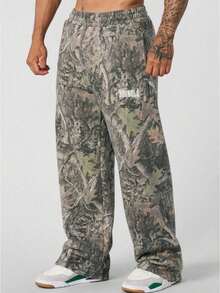 Leaf Camouflage 3D Printed Straight-Leg Casual Pants For Men - Loose-Fitting, Sporty, Outdoor, Wind-Resistant, Wide-Leg Long Pants - 卡其色 - 查看 1