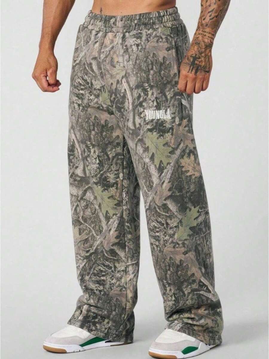 Leaf Camouflage 3D Printed Straight-Leg Casual Pants For Men - Loose-Fitting, Sporty, Outdoor, Wind-Resistant, Wide-Leg Long Pants - 卡其色 - 查看 1