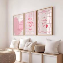 1/3件套无框粉色细条纹爱心海报套装，条纹学院风墙面艺术，爱心图案，少女可爱粉彩印花帆布画，适用于卧室、宿舍、客厅等房间装饰，趣味海报，房间装饰，卧室墙面装饰画，粉彩爱心套装，条纹艺术，学院风少女系列 - 彩色 - 查看 2