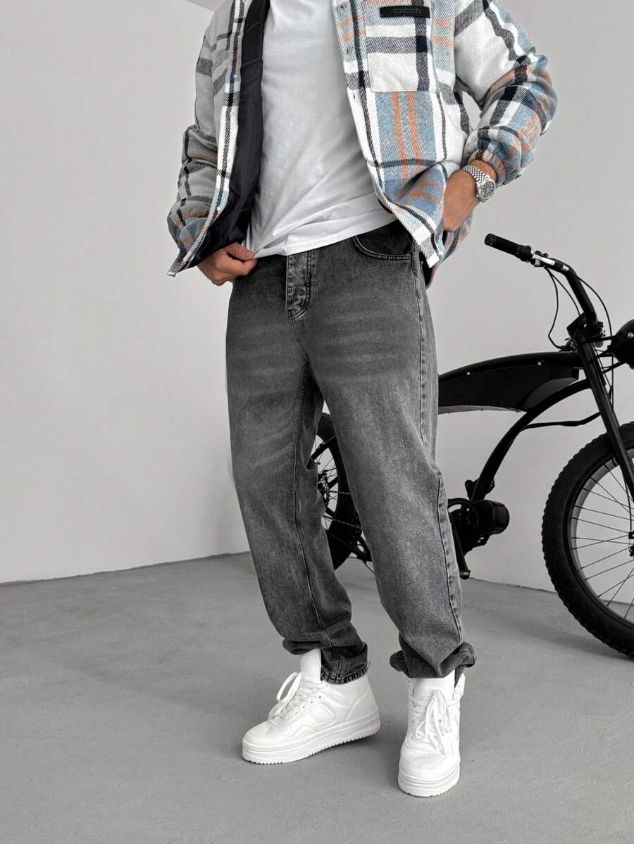 Men's Y2K Straight Leg Casual Washed Denim Jeans, Minimalist Black Jeans - Dark Grey - View 1