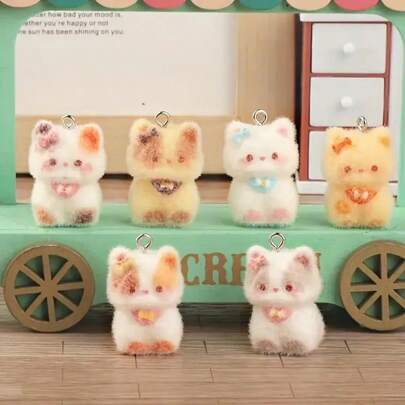 6pcs Plush Kitten Pendant - Soft Furry Resin Charm With Pink Bow, Blue Eyes, And Fluffy White Ears, Suitable For DIY Jewelry Making, Keychains, Earrings, Shoe Decor - Adorable Animal Claw Clasp
