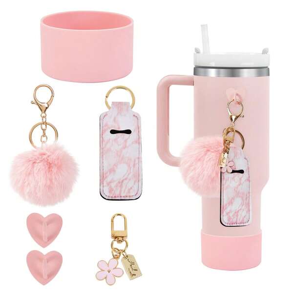 6PCS Siliocne Water Bottle Boots Cover + Lipstick Holder + Keychain Hook Charms For Tumbler Cup 40oz, Water Bottle Accessories Decoration For Cup