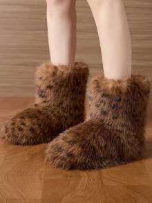 Women's 2025 New Leopard Print Fashionable Fringed Thick Sole Ankle Boots, Outdoor Winter