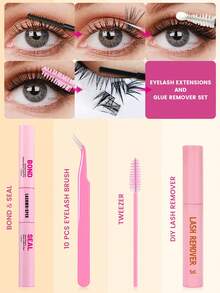 10ml Eyelash Glue Set (Tweezers And Brush) - 2 Bottles Of Cluster Eyelash Adhesive, Suitable For DIY Individual Eyelash Extension, Long-Lasting Waterproof Eyelash Extension Kit - Pink - View 3