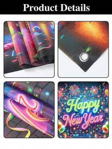 1 pezzo Striscione di sfondo fluorescente per Felice Anno Nuovo, stile palloncino con fuochi d'artificio per Felice Anno Nuovo, in poliestere, bandiera appesa, sfondo per celebrazioni, feste in casa, eventi familiari, photobooth, decorazioni per pareti, regali di Capodanno, decorazioni per giardini e cortili, decorazioni per feste, accessori per photobooth, decorazioni per il 2026