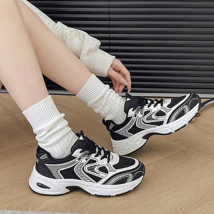 Women's Spring And Autumn Sports Shoes Black Shoes Leather Mesh Stitching Breathable Lightweight Comfortable Lace-Up Women's Shoes Shoes For Women - 黑 - 查看 1