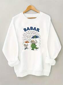 Women's Babar Vintage Rainy Day Sweater - Mint Green Sweater With Babar & Friend, Cozy Casual Pullover For Everyday & Themed Outfits, Machine Washable All-Season Apparel, Playful Outfit, Graphic Women's Top, Durable Knitwear - 白色 - 查看 2