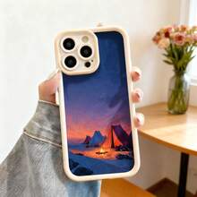 Cubierta de teléfono con borde protector color gris oscuro diseño de campamento al atardecer con tiendas de campaña y fuego en la montaña para uso diario y viajes - Blanco - Ver 7