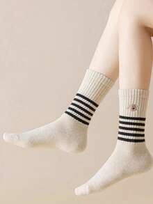 5 Pairs Women's Cute Puppy Jacquard Warm Striped Mid-Calf Socks, Breathable For Autumn/Winter